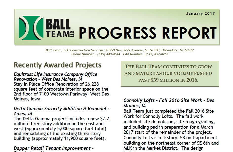 Ball Team January 2017 Progress Report